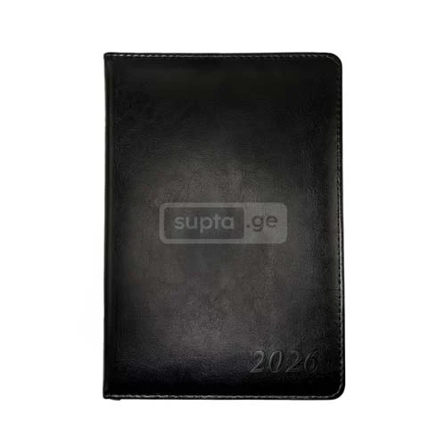 HELIO-ჰელიო A5 2026 წლის ყოველდღიური ბლოკნოტი შავი ტყავის ყდით 